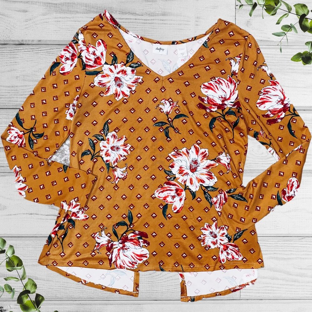 Daytrip Brown Floral Boho Long Sleeve Blouse, Womens Medium
